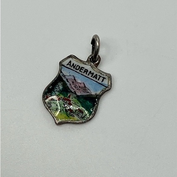 Vintage Jewelry - VTG 800 Silver & Enamel Andermatt Travel Sheild Souvenir Charm Bracelet Charm